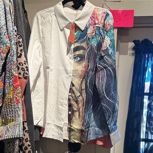 Artistic White and Multicolor Button-Up Shirt